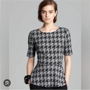 Theory XS‎ Petite Houndstooth Peplum Blouse Metallic Gray Black Academia 2000s